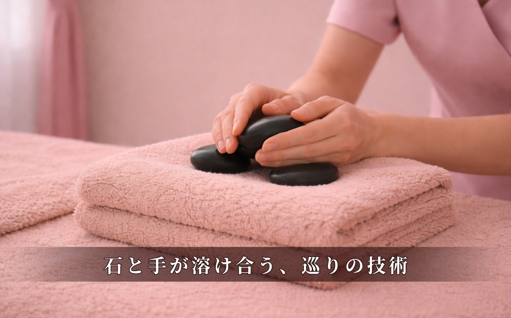 志免町・宇美町の隠れ家サロン「ファータブリラーレ」。お客様の肌に触れる瞬間を大切に、温めた玄武岩と柔らかなタオルで、至福のひとときを整えてお待ちしております